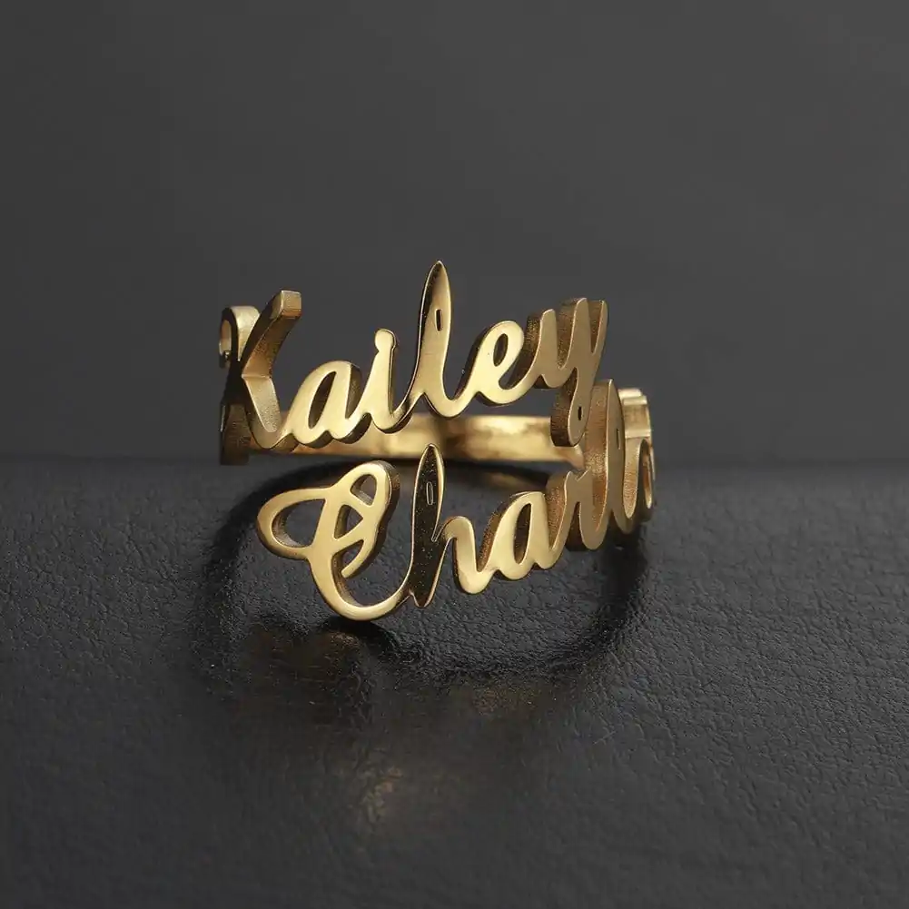 Double Name Ring / Solid 14K Gold / Two Name Ring / Initial Gold Ring /  Stackable Letter Ring / Stackable Initial Rings / Personalized Gift
