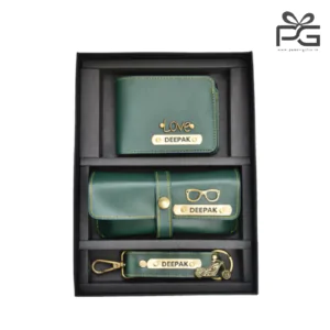 Personalized Men’s wallet, keychain & eyewear case hamper – (Olive Green)