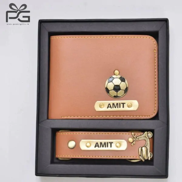 Personalized Mens wallet and keychain combo Tan punerigifts 1