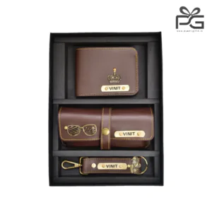 Personalized Men’s wallet, keychain & eyewear case hamper – (Brown)