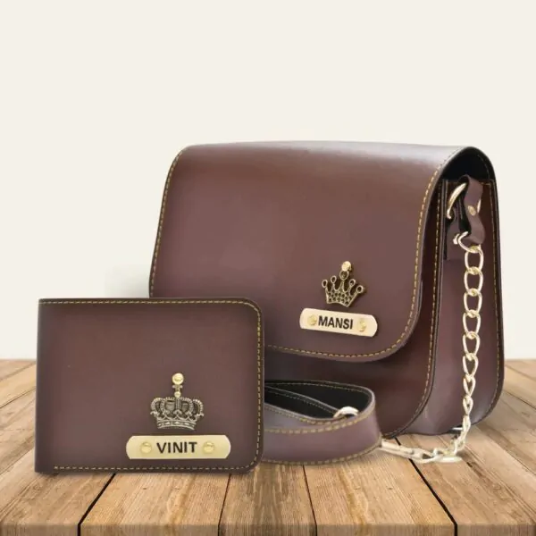 Personalized Couples Combo Chained Sling Bag Product 1 Mens Wallet Product 2 Brown puneri gifts 1