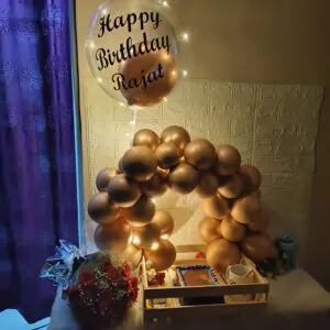 Customised Baloon Tray Hamper With Cake – Complete  Surprise Package