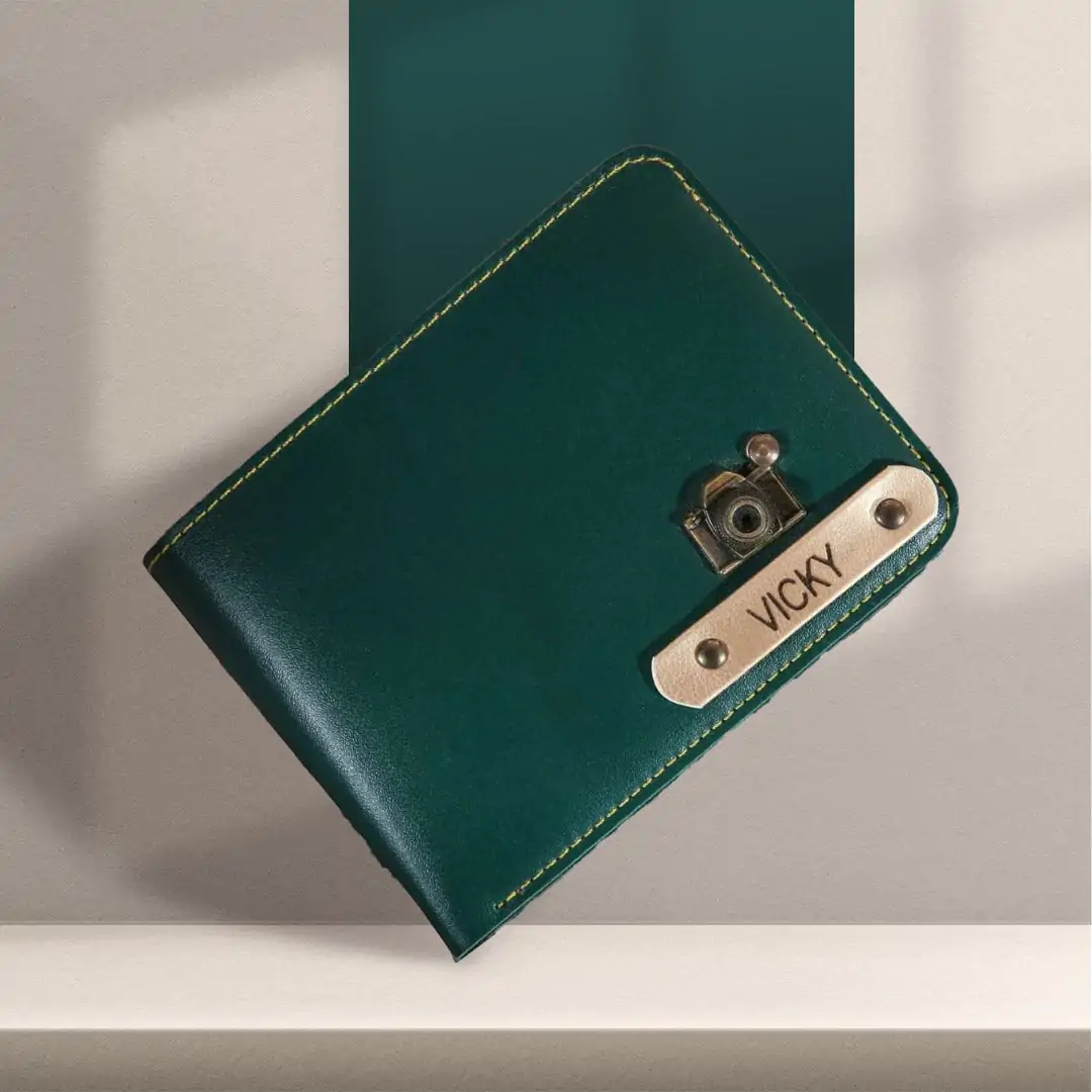 personalized men wallet vegan leather green