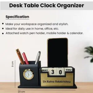 Personalized Wooden Tabletop Lifetime Calendar with Clock, Pen Holder & Mobile Stand