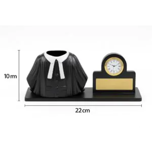 Personalized Advocate Coat Pen Stand with clock– Stylish Desk Organizer Gift for Lawyers & LLB Student