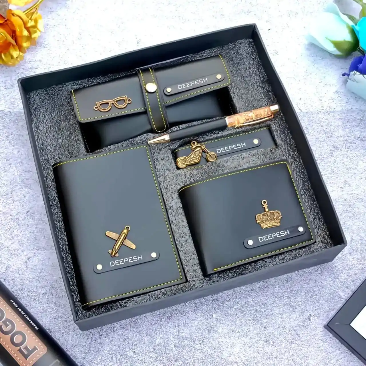 Personalized Complete Combo for Men (Leather Wallet, Eyeglass cover, Keychain, Passport cover, Metal Pen) 1 Personalized Complete Combo for Men